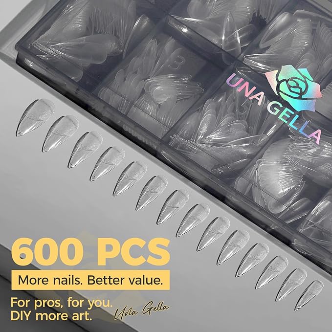 UNA GELLA Long Stiletto Gel Nail Tips, 600Pcs Pre Etched Long Stiletto Almond Nail Tips Clear Fake Nails Press on Nails No C Curve for DIY Christmas Art Salon at Home 12 Sizes