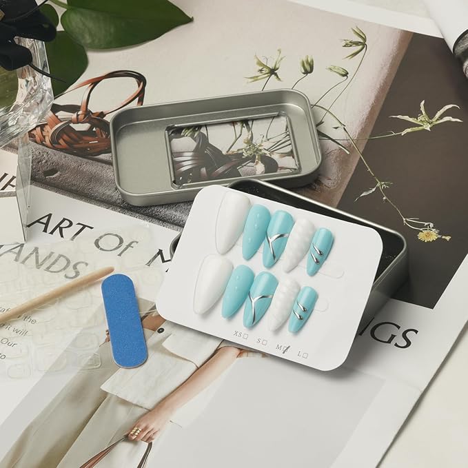 Blue White 3D Press On Nails Medium Almond, 3D Shell Mermaid Raindrop Handmade Gel Acrylic Nails 10pcs with Hand Drawn Silver Lines (Mermaid Tears, Size S)