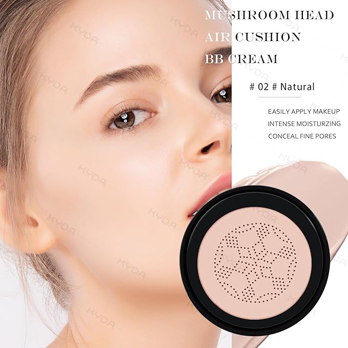 KYDA Mushroom Head Air Cushion BB Cream,Concealer Lasting Nude Makeup Moisturizing Pigment CC Liquid Foundation, Even Skin Tone Makeup Base Primer-Natural