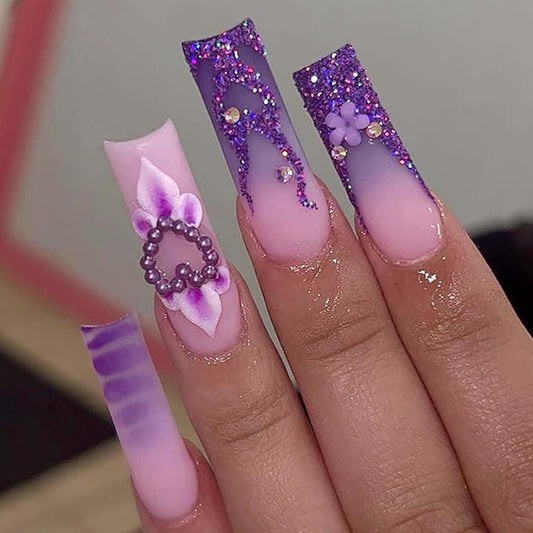 Hkanlre Purple Press on Nails Heart Fake Nails Tips Full Cover False Coffin Long Fire Nails for Women and Girls 24PCS