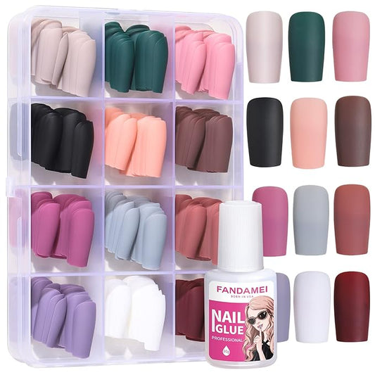 FANDAMEI Press on Nails Medium Square, 12 Packs 288PCS Acrylic Matte Square Fake Nails Full Cover Medium Length, Glue on Nails with 10g Nail Tips Glue, 12 Solid Color False Nails for Nail Art DIY