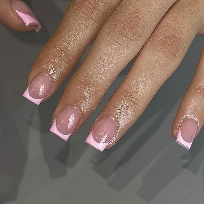 30Pcs Pink French Tip Press on Nails Short Square Nails Press ons, Short Fake Nails Coffin Acrylic French Glue on Nail False Nail for Women Natural15 Sizes