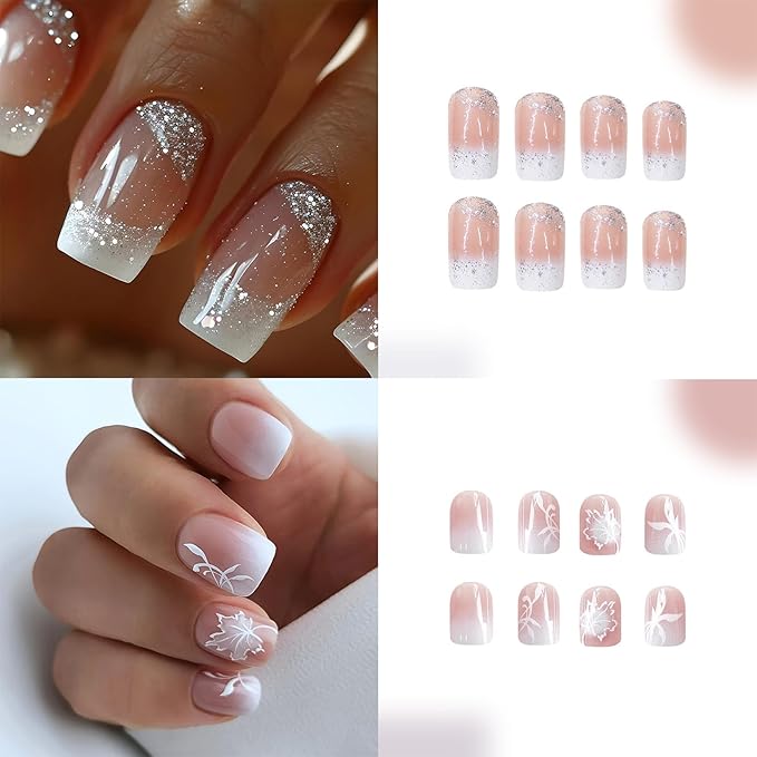 2Packs 48 Pcs Ombre Press on Nails Short Press on Nails Medium Square Fake Nails White Gradient Acrylic Nails French Tip False Nails Press on Glitter Glue on Nails Artificial Nails for Women Manicure