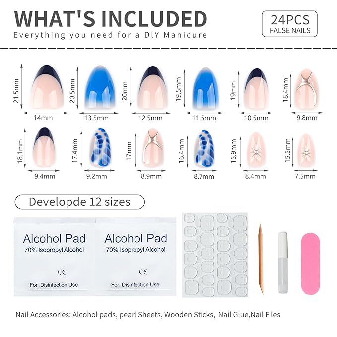 Blue Press On Nails Almond Shape 24pcs, Gradient Ombre False Nail with Star Design, 3D Pattern Medium Length Fake Nails, Glossy Stick On Nail Reusable Acrylic Glue On Nails Kit for Women