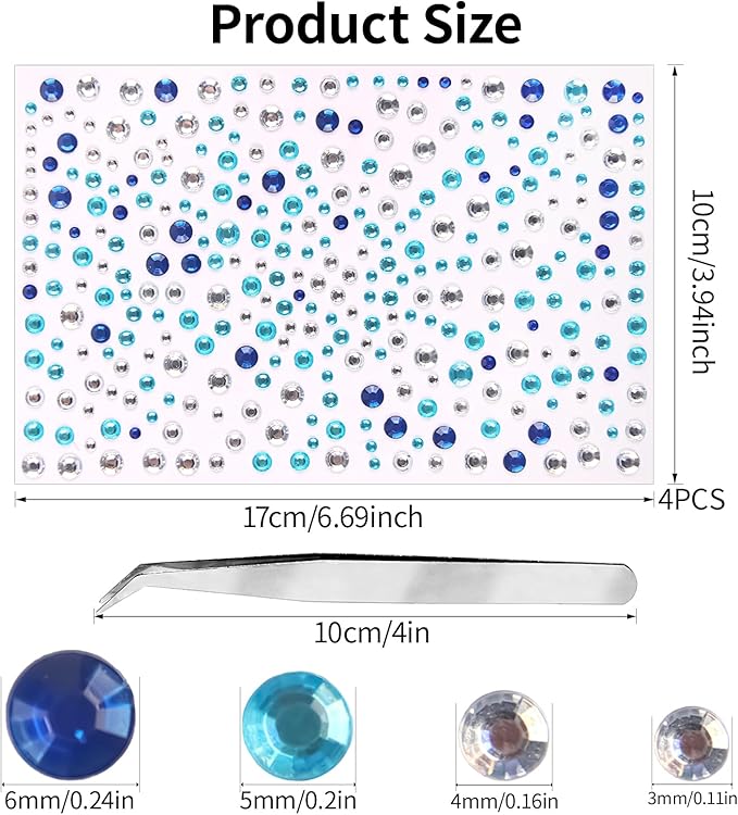 Self Adhesive Face Gems and Pearls for Makeup, Festival Jewels, Hair Gems, Rhinestone Stickers for Face, Eye, Makeup, Nail, Body, Crafts 3/4/5/6 mm 975Pcs (24.gem_mixblue)