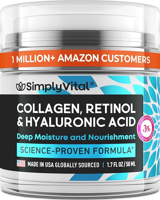 SimplyVital Collagen, Retinol & Hyaluronic Acid Cream - Anti-Aging Face Moisturizer for Face, Firming Skin Care Neck & Décolleté - Made in USA, Daily Moisturizer Face Cream Day & Night - 1.7 fl.oz.