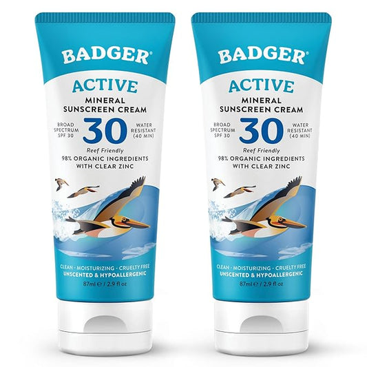 Badger Mineral Sunscreen Cream SPF 30, Zinc Oxide Sun Care, 98% Organic, Reef Safe, Water Resistant, Unscented Face and Body Sunscreen Travel Size, 2.9 fl oz, 2-Pack