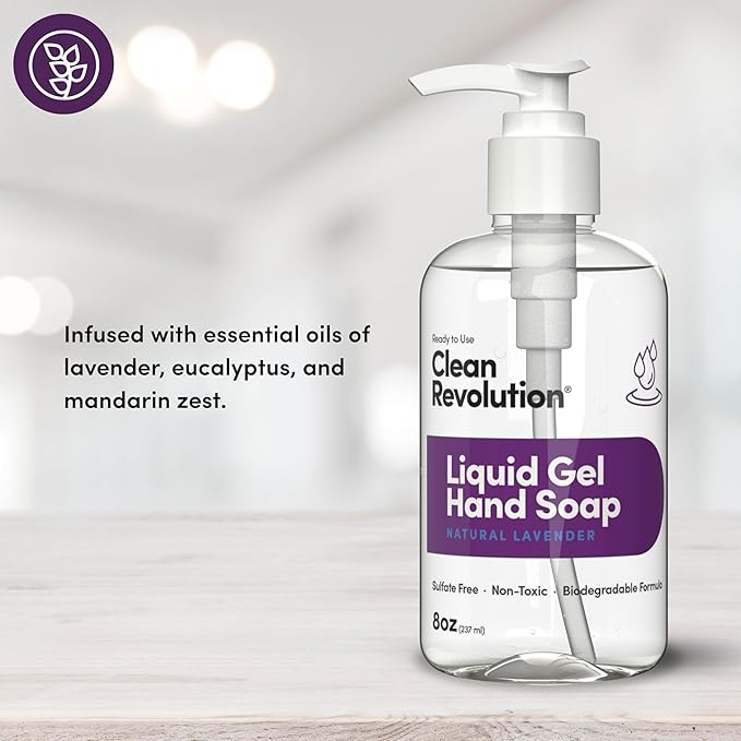 Clean Revolution Liquid Gel Hand Soap, Silky Rich Liquid, Quick Lather, Fast Rinsing, Contains Real Essential Oils (Natural Lavender) 8 Fl Oz