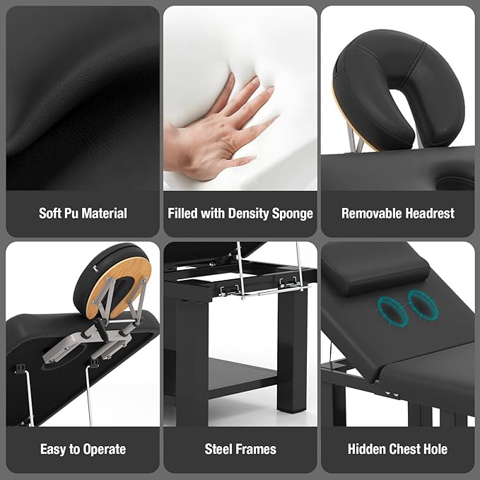 Professional Massage Table Heavy Duty - Adjustable Spa Facial Bed with Open Chest & Headrest, PU Leather, Metal Frame for Physical Therapy, Tattoo, Salon, Treatment - Black