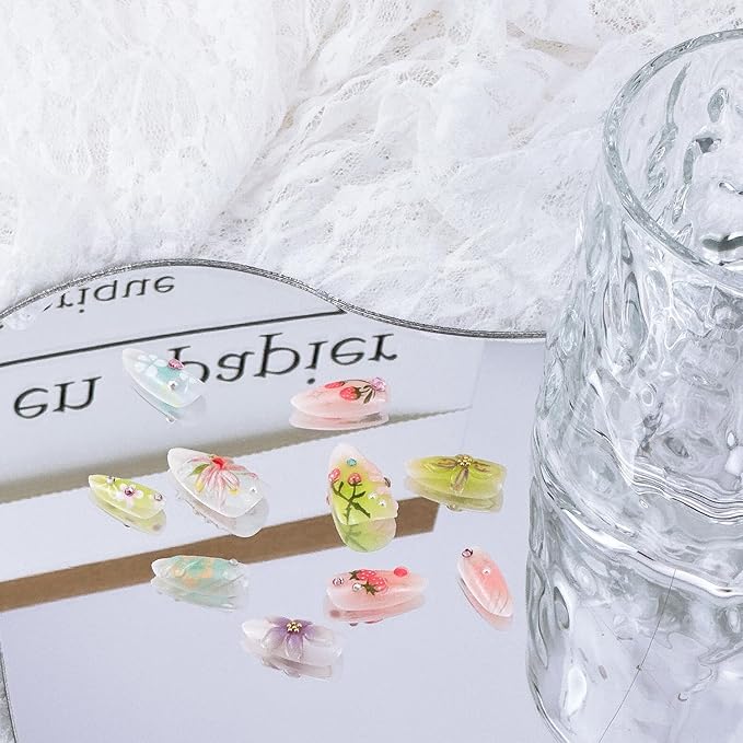 30pcs Flower Press on Nails Medium Almond Fake Nails with 3D Flower Strawberry Designs Handmade False Nails Gold Beads Bow Star Rhinestones Stick on Nails Floral Full Cover Glue on Nails for Women