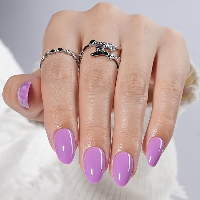 Press on Nails, Short Purple Press on Nails Almond Reusable Glossy Purple Nails Soft Gel False Nails Press ons for Women, 16 Sizes 32 Count Nails Kit with Glue (SV-13)