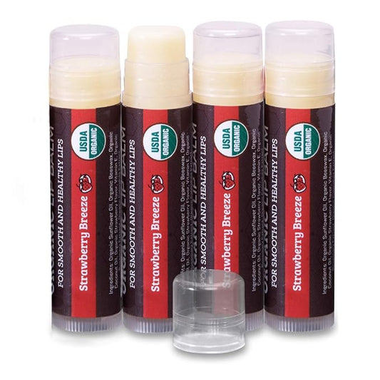 Earth's Daughter USDA Organic Lip Balm 4-Pack Stocking Stuffers Strawberry flavor - Beeswax, Coconut Oil, Vitamin E - Best Lip Repair Chapstick for Dry Cracked Lips.