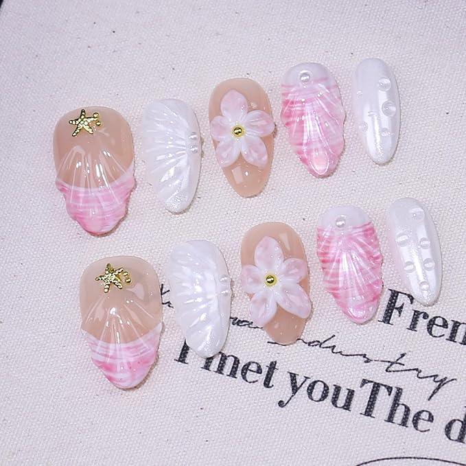 French Tip Press on Nails Short Almond Summer Fake Nails with 3D Flower Starfish Design Reusable Artificial Handmade False Nails Pink White Glossy Glue on Nails for Women Girls Acrylic Nails DIY 10Pcs