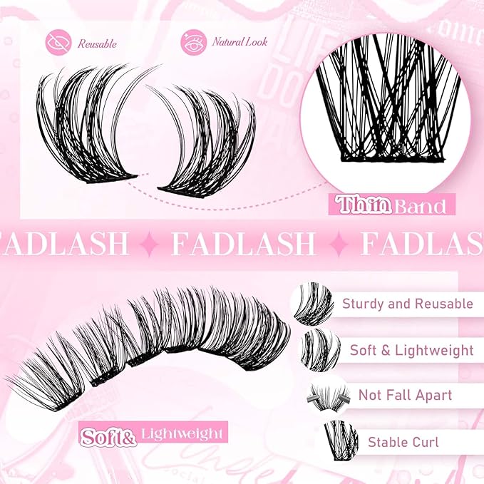 FADLASH Lash Clusters Volume Fluffy Lash Clusters 8-16mm Waterproof Lashes Clusters Comfortable Cluster Lashes DIY Reusable Cluster Eyelash Extensions for Beginners at Home