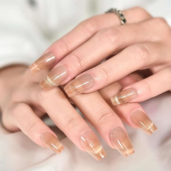Shimmery Cat Eye Press On Nails Coffin Medium Length Nails Women Girls Gifts Shiny Salon Manicure Light Brown Nude Gel Nail Art Tips Fake Nails Reusable Acrylic False Nails Glue On Nails