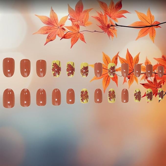 Thanksgiving Medium Almond False Nails 24Pcs Maple Leaf Press on Nails Fall Leaves Stick on Fingernails Glossy Brown Acrylic Fake Nail Autumn Gel Glue on Nail for Coquette Women Girls