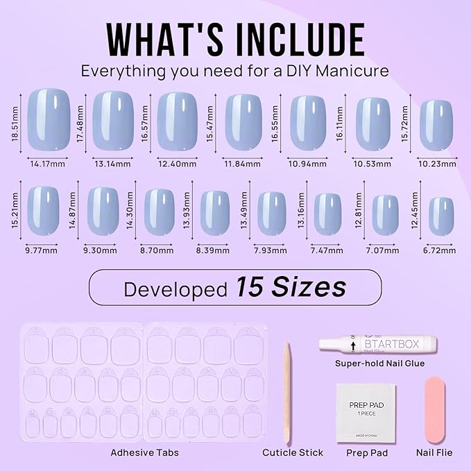 BTArtbox Press On Nails Short - Square Press On Nail, Blue Glossy Nail Tips Glue On Nails with Nail Glue, Reusable Stick On Nails in 15 Sizes - 30 Soft Gel Fake Nails Kit, Ocean Glazed