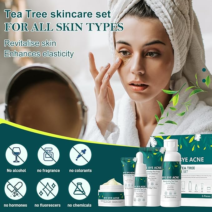 Skin Care Set,Acne Treatment for Face Skin Care Sets & Kits,Tea Tree Essential Oil Facial Skincare Gift Set with Cleanser,Toner,Serum,Gel, Acne Treatment Kit Cream Skin Care for Teens 10-12 Girls Boys