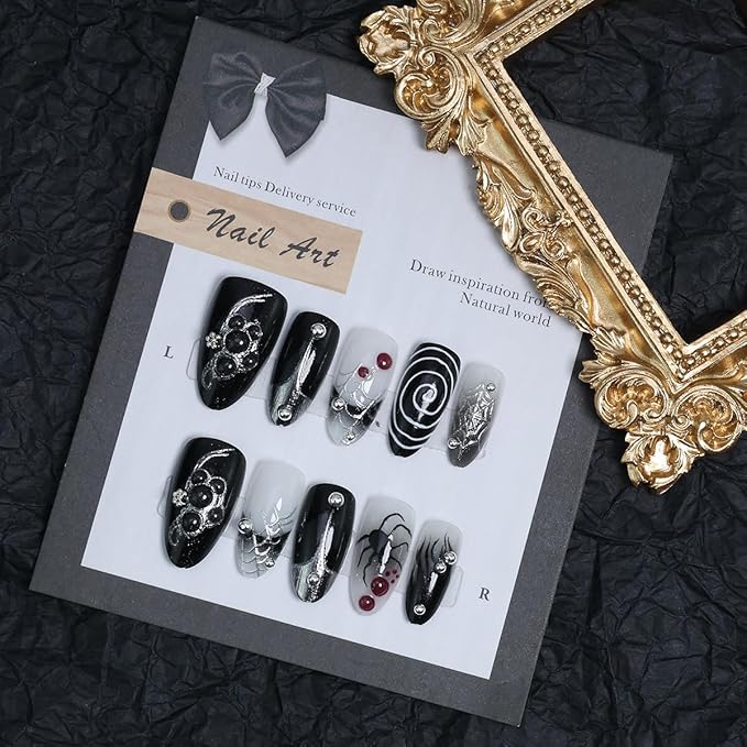 30Pcs Halloween Y2k Press on Nails Medium Almond French Tip Fake Nails Spider Web False Nails with Silvering 3D Gems Design Black Full Cover Artificial Glue on Nails Gothic Stick on Nail for Women