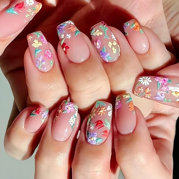 24Pcs Medium Square Glossy Flower Fake Nails - Colorful 3D Flowers Acrylic Press On Nails - Full Cover Artificial Glue On Nails - Spring Summer Nail Supplies for Women DIY Manicure Salon