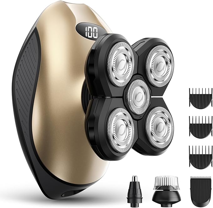 Electric Razor for Men, Head & Body Hair Shaver for Men, Cordless Rechargeable Wet/Dry Bald Head & Groin Waterproof Razor with Rotary Blades,Clippers, Beard Trimmer,Nose Trimmer, Brush (Golden)