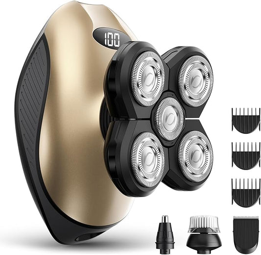 Electric Razor for Men, Head & Body Hair Shaver for Men, Cordless Rechargeable Wet/Dry Bald Head & Groin Waterproof Razor with Rotary Blades,Clippers, Beard Trimmer,Nose Trimmer, Brush (Golden)