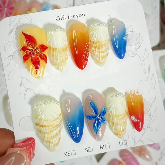 24Pcs Summer Press on Nails Medium Almond Fake Nails Hawaii Flower Seashell Pearl Designs Full Cover Glue on Nails Artificial Beach Nails French Tip False Nails for Women Girls Acrylic Manicure DIY