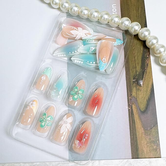 24Pcs Summer Press on Nails Medium Almond Fake Nails with Butterfly Pearl Designs 3D Starfish Stick on Nail Beach Waves False Nail Cute Flower Acrylic Nail Blue French Tip Glue on Nails for Women
