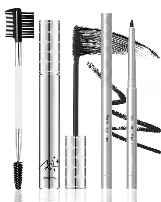 Black Mascara and Waterproof Eyeliner Pencil Set for Older Women 60 Plus,Length and Volume Mascara for Mature Women,Retractable Eye Liner Matte Cream Waterline Eyeliner Makeup for Sensitive Eye-Set A