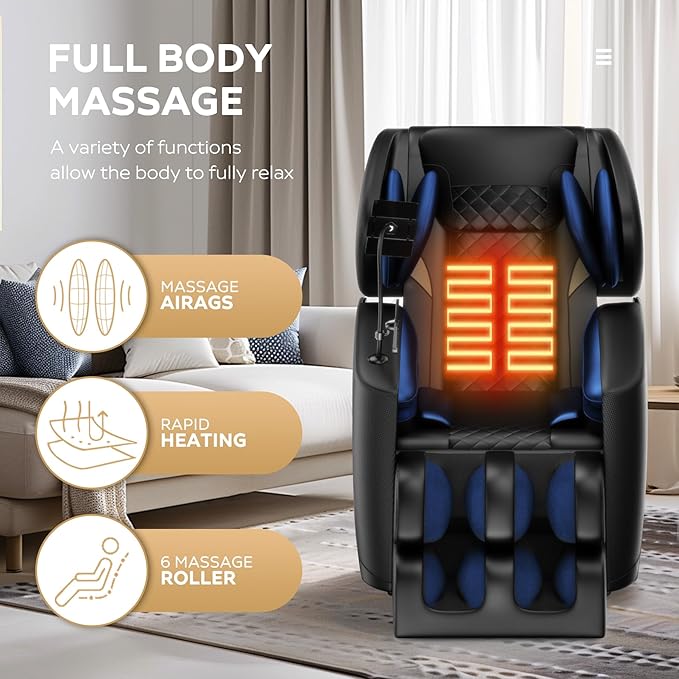 EXQUISLIFE Full Body Massage Chair with Zero Gravity, Massage Chair Recliner with Heating, Airbags, Foot Roller, Touch Screen, Bluetooth Speaker