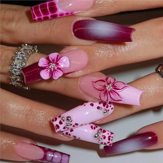 Long Press on Nails Coffin Fake Nails with Pink Floral DesignsFalse Nails French Artificial Nails Purple Stick on Nails for Women 24pcs