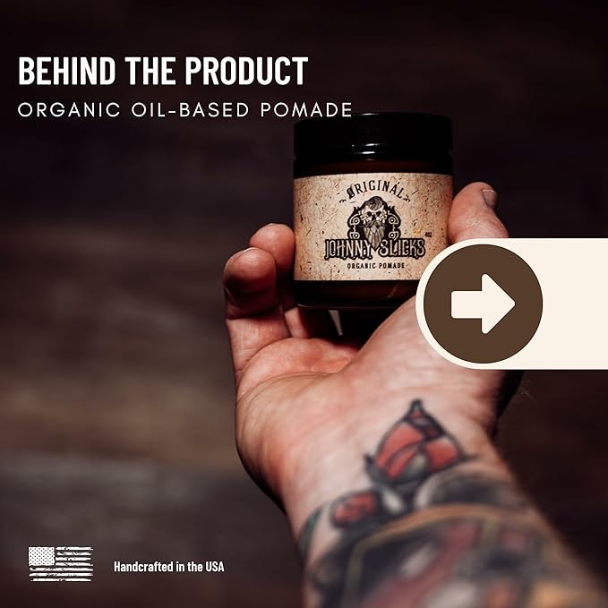 Johnny Slicks Oil Based Pomade | Organic Hair Styling for Men, Low to Medium Hold | Promotes Healthy Hair Growth & Helps Hydrate Dry Skin, (Original, 4 Ounce) Veteran Owned, USA Made.