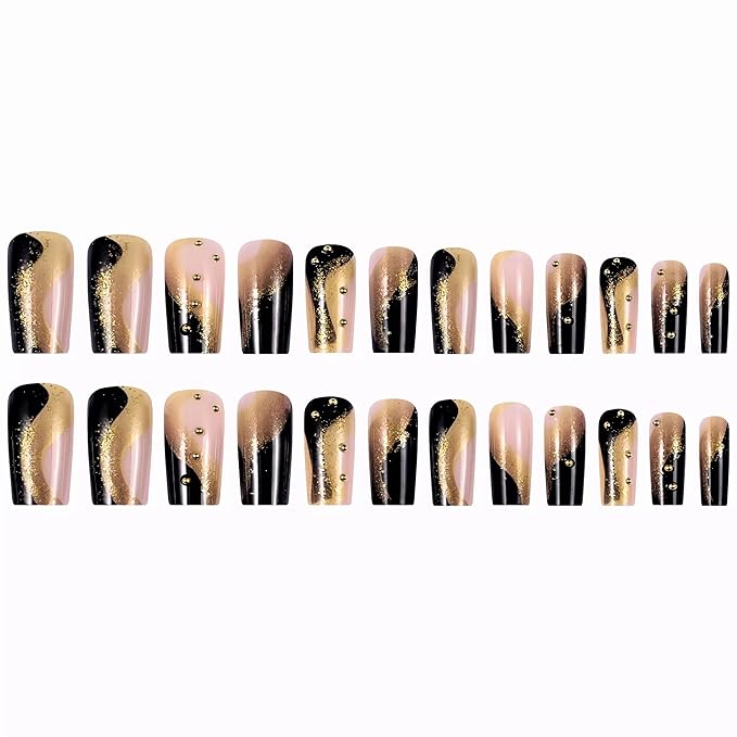 BABALAL Press on Nails Long Square Fake Nails Black Gold Glue ons Glitter Shine Acrylic Nails Metallic Ball Charm Design Squoval Nail Supplies 24Pcs Manicure DIY Stcik on False Nail Art