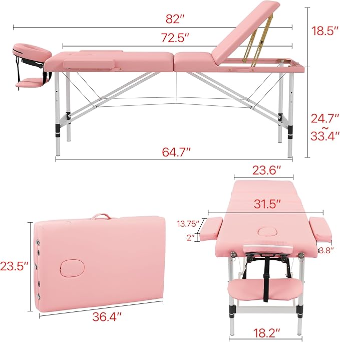Massage Table Massage Bed, Portable 3 Section Foldable Tattoo Bed, Height Adjustable Lash Spa Bed with Face Cradle, Home Light Weight Facial Salon Bed with Aluminum Frame, Light Pink