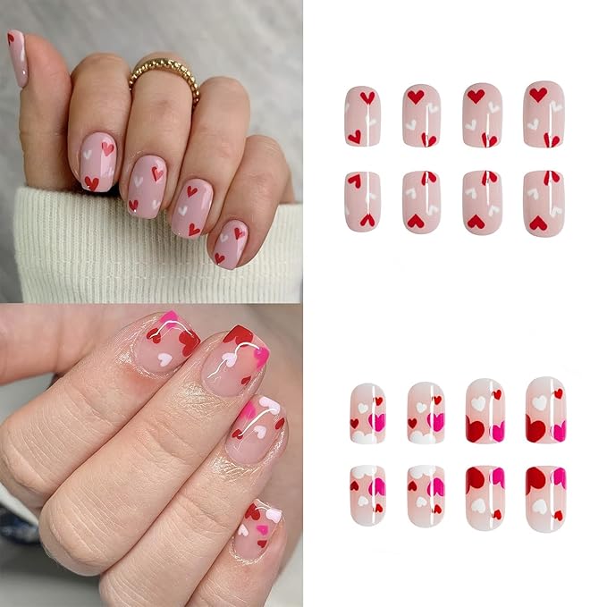 2 Packs 48Pcs Heart Press on Nails Short Square Fake Nails Valentine's Day False Nails Cute Heart Love Glue on Nails Kid Glossy Reusable Artificial Acrylic Nails for Women Girls Nails Decoration