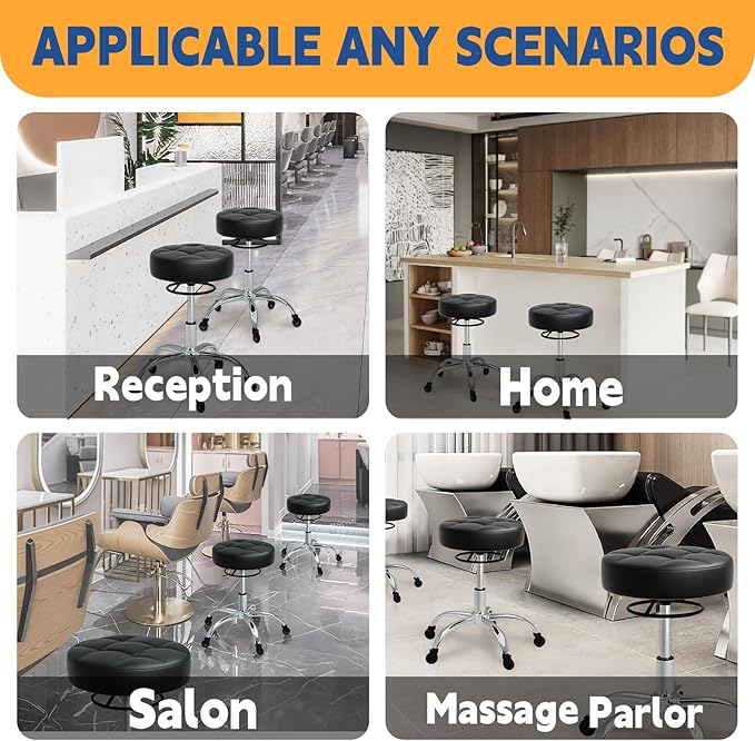 YEEZEE Heavy Duty 400lb Rolling Stool: Super Soft Leather Seat Cushion, 360 Swivel, Height Adjustable, No Squeak, No Tip Over, Salon & Spa Stool (Black)