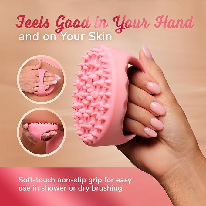 Anti-Cellulite Silicone Massager Brush - Deep Tissue Body Scrubber for Cellulite Remover, Skin Firming & Lymphatic Drainage - Exfoliating Massage Tool with Grip Handle for Legs & Body - Pink