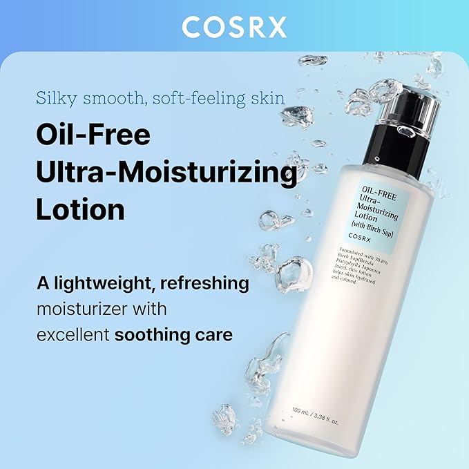 COSRX Oil Free Lotion with Birch Sap, Daily Acne Facial Moisturizer, Hydrating Moisturizer for All Skin Types, Korean Skin Care, Paraben free, Stocking Stuffers, Gifts For Women3.38 fl.oz / 100ml