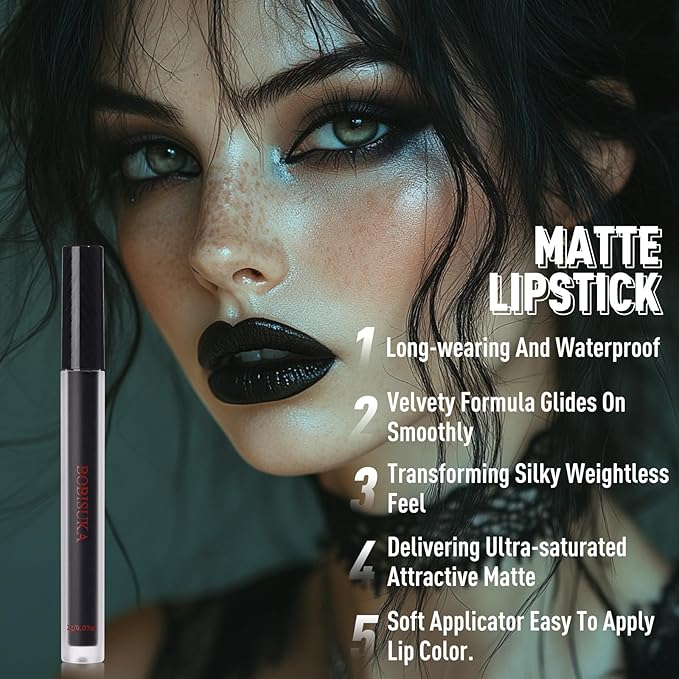 BOBISUKA Eyeshadow + Lipstick Makeup Kit, 6 Colors Dark Black White Silver Gray Shimmer Matte Metallic Smokey Eye Shadow Pallet with Black Matte Liquid Lipstick Makeup Set for Halloween