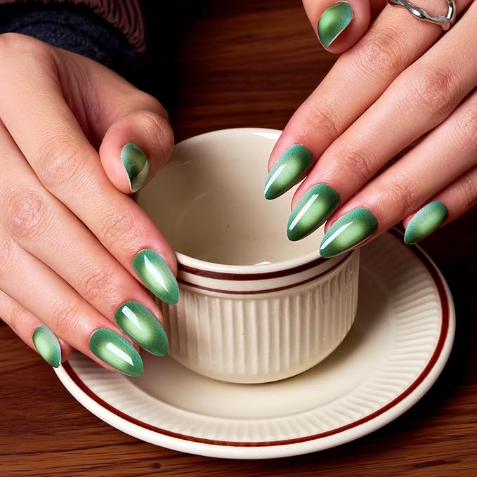 Wooyas Press on Nails Almond, Ombre Green Short Stiletto Glossy False Nails,Reusable Salon Perfect Fake Nail Kit in 12 Sizes - 24 Pcs Soft Gel Glue On Nails Kit for Women Gift