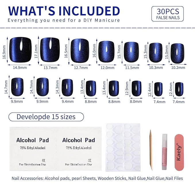Dark Blue Press On Nails Square – Short Cat Eye Fake Nails with Color-Shifting Glow, Reusable Stick On Nails, 15 Sizes, 30 Nail Kit with Glue, Thick Glue On Nails for Women, M1-Midnight Mirage