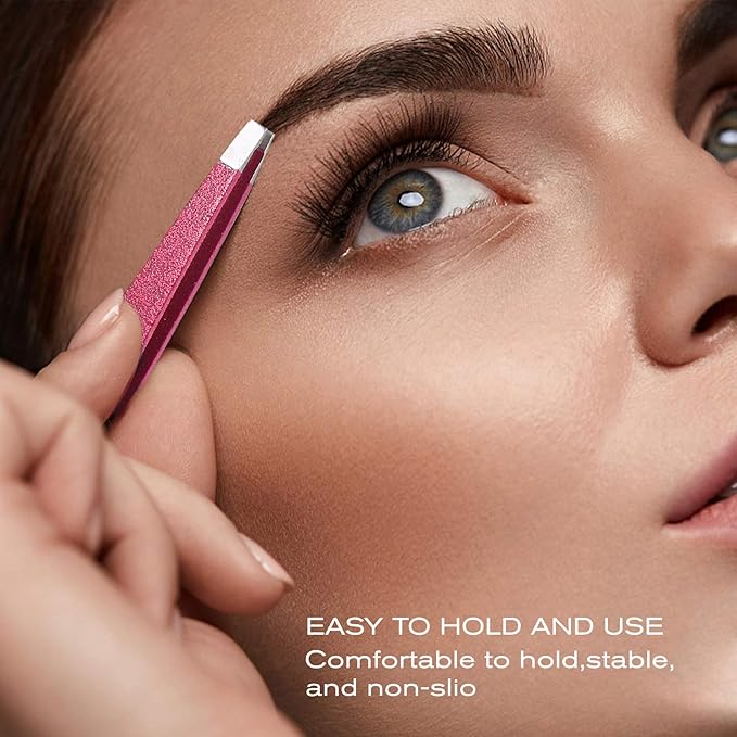 4-Pcs Glitter Stainless Steel Precision Tweezer Set for Eyebrows, Ingrown Hair & Lash Extensions (Rose Red)