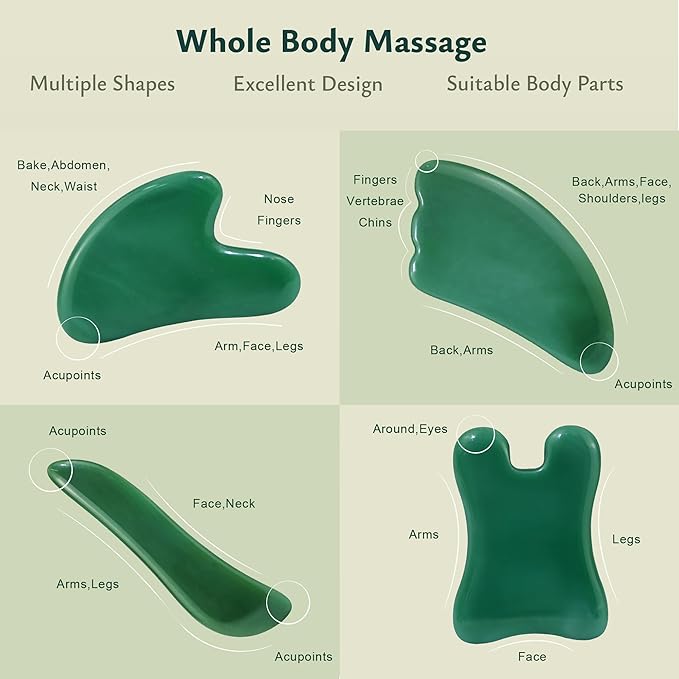 Rena Chris Guasha Massage Tool, 4 Pcs Gua Sha Facial Tool, Guasha Board for SPA Acupuncture Therapy Trigger Point Treatment, Gua Sha Scraping Massage Tool（Green）