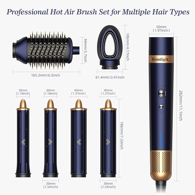 6-in-1 Hair Dryer Brush & Curling Iron Set, Hot Air Styler Hair Curler for Fast Drying, Smoothing & Volumizing, No Heat Damage, Professional Blowout Tool with Travel Case - Prussian Blue