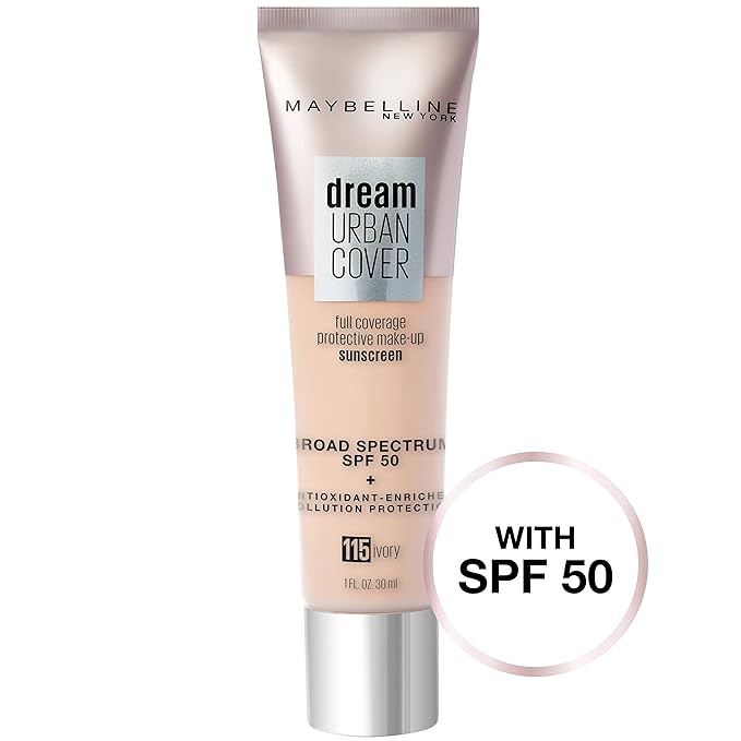 Maybelline Dream Urban Cover Flawless Coverage Foundation Makeup, SPF 50, Ivory