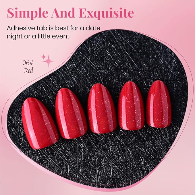 evpct Press on Nails Almond Short, Ruby Red Glitter Shimmer Shiny Short Almond Fake Nails for Women Gift, Soft Gel Press Glue On Nails with Nail Glue, 30Pcs Reusable Acrylic Fake Nail Manicure Kit