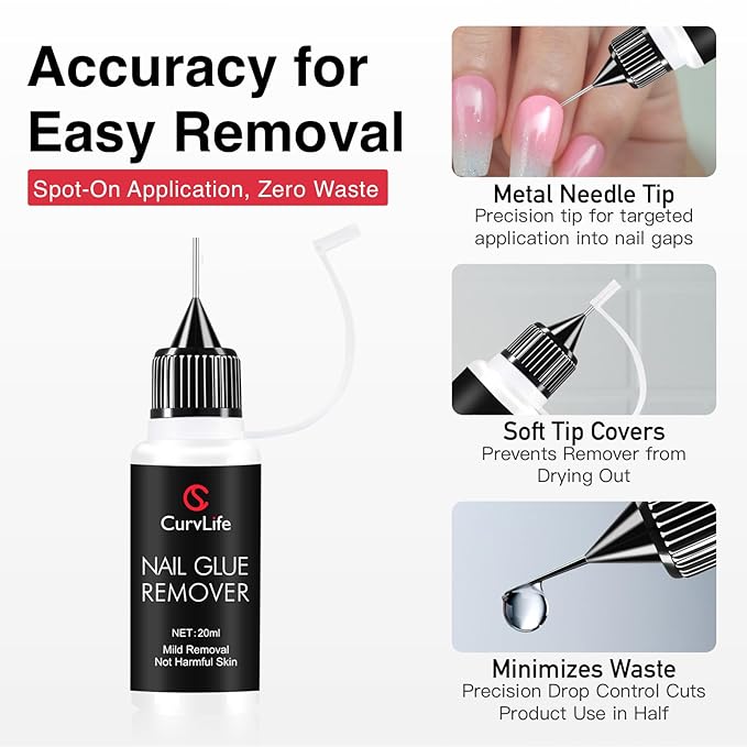 Curvlife 20ml Pinpoint Nail Glue Remover for Press on, Multi-Functional Remover for Nails Tips, Gentle Glue Remover for Gel x Nails, Non-Acetone Nail Polish Remover