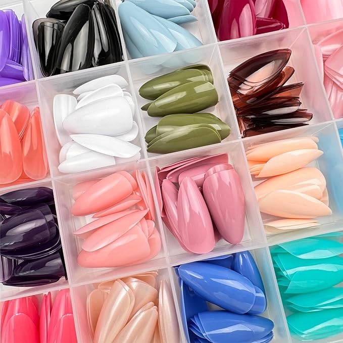 576 Pcs Press on Nails Medium Almond Fake Nails Solid Color False Nails 24 Color Glossy Acrylic Glue on Nails Reusable Artificial Nail Stick on Nail for Women Manicure