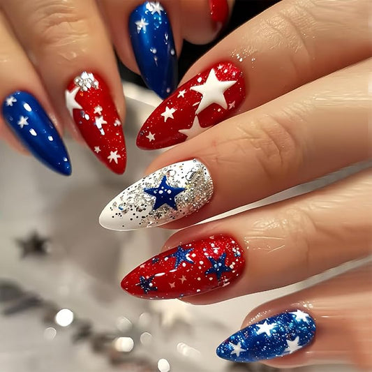 IMRAIN Independence Day Press on Nails Medium Almond Fake Nails Red Blue Star False Nails Full Cover Sparkly Glue on Nails Glossy Glitter Stick on Acrylic Nails for Coquette Women Girls