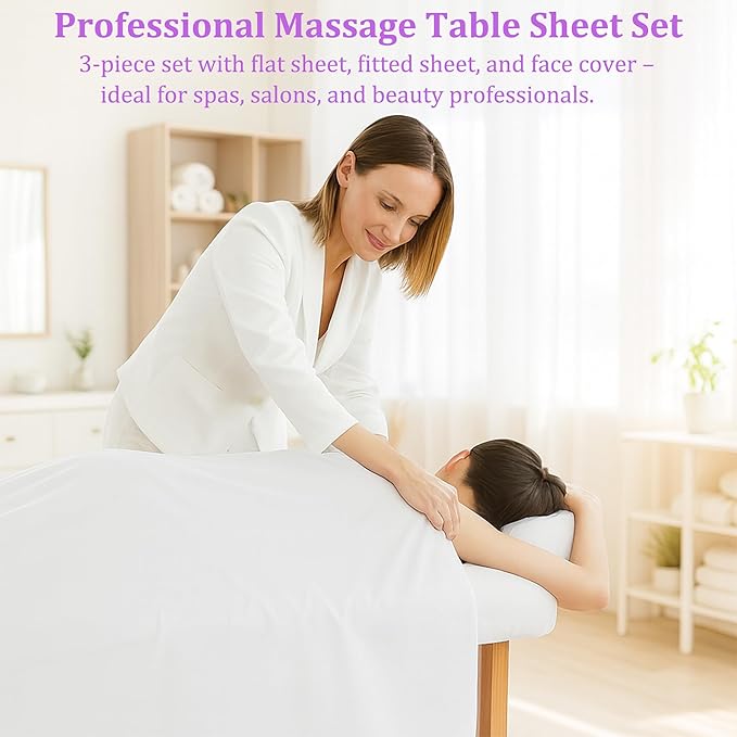 3 Sets Massage Table Sheets Set – Each Set Included 3pcs (Flat Sheet, Fitted Sheet, Face Rest Cover) – White Microfiber for Spa and Professional Use